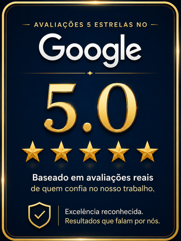 Selo de avaliações 5 estrelas no Google, nota 5.0, baseado em avaliações reais
